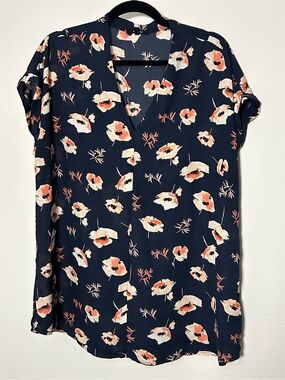 Pleione Navy V-Neck Floral Blouse